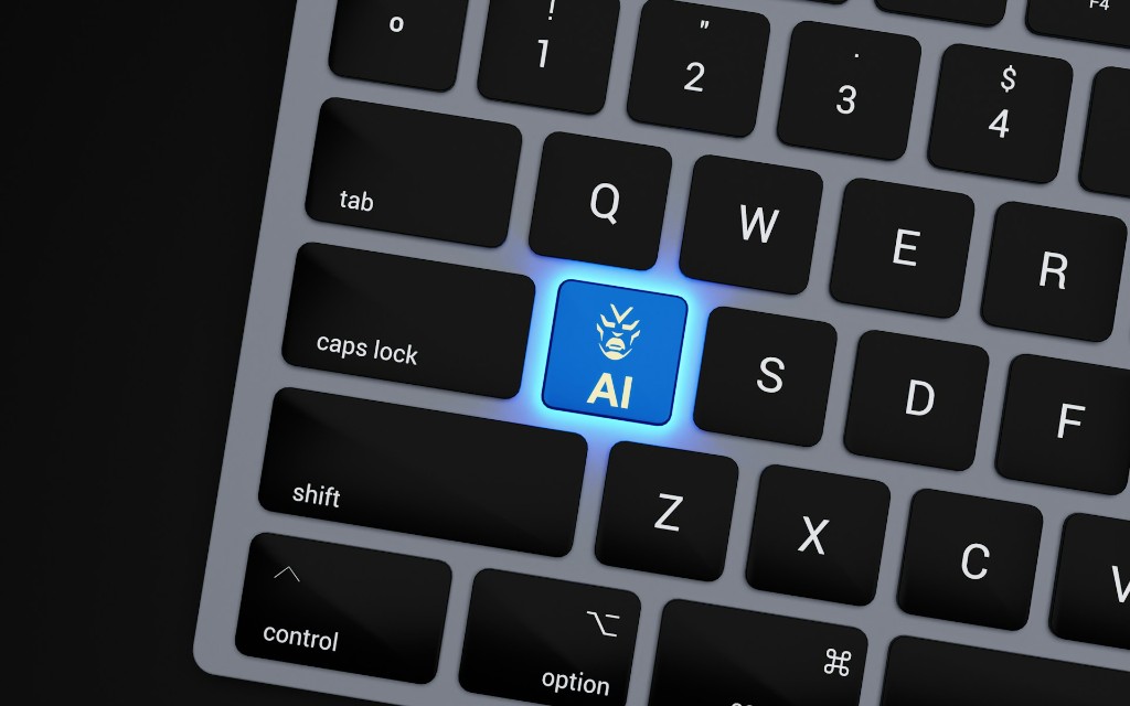 Clavier d’ordinateur portable avec une touche bleue lumineuse marquée IA et une icône de visage robotique