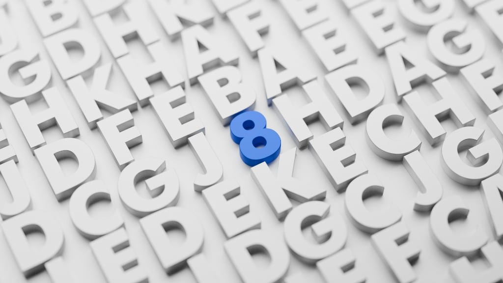 Blue 3D number eight standing out among white uppercase letters